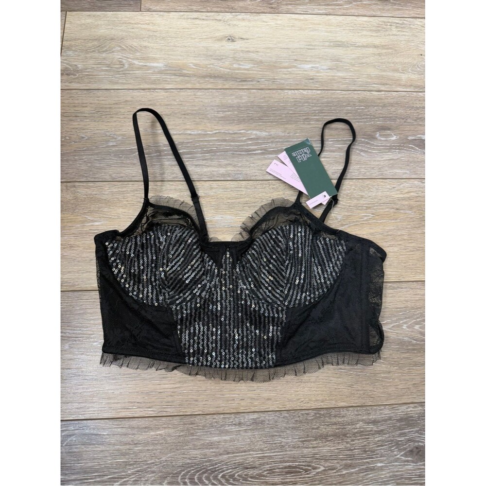 NWT Wild Fable Black Sequin Lace Bralette with Ruffle Trim Sz M